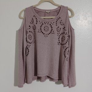 Cold Shoulder Sweater Purple Maude Floral Stitching Design Women's Medium